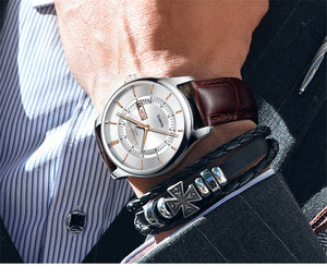 High Quality Rose Gold Dial Watch for Men. Leather Waterproof 30M Watches. Business Fashion Quartz Movement. Auto Date Male Watch