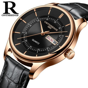 High Quality Rose Gold Dial Watch for Men. Leather Waterproof 30M Watches. Business Fashion Quartz Movement. Auto Date Male Watch