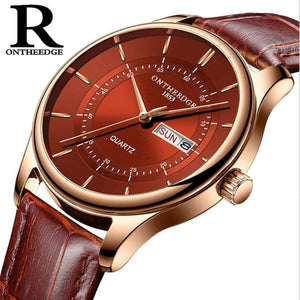 High Quality Rose Gold Dial Watch for Men. Leather Waterproof 30M Watches. Business Fashion Quartz Movement. Auto Date Male Watch