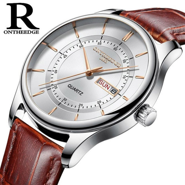 High Quality Rose Gold Dial Watch for Men. Leather Waterproof 30M Watches. Business Fashion Quartz Movement. Auto Date Male Watch