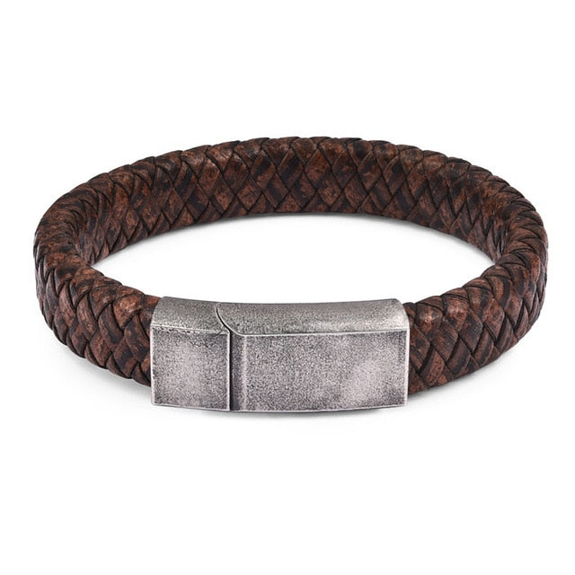 Men Jewelry Black/Brown Braided Leather Bracelet Stainless Steel Magnetic Clasp Fashion Bangles 18.5/22/20.5cm