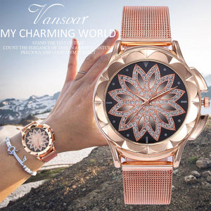 Fashion Women Rose Gold Flower Rhinestone Wrist Watches Luxury Casual Female Quartz Watch Relogio Feminino