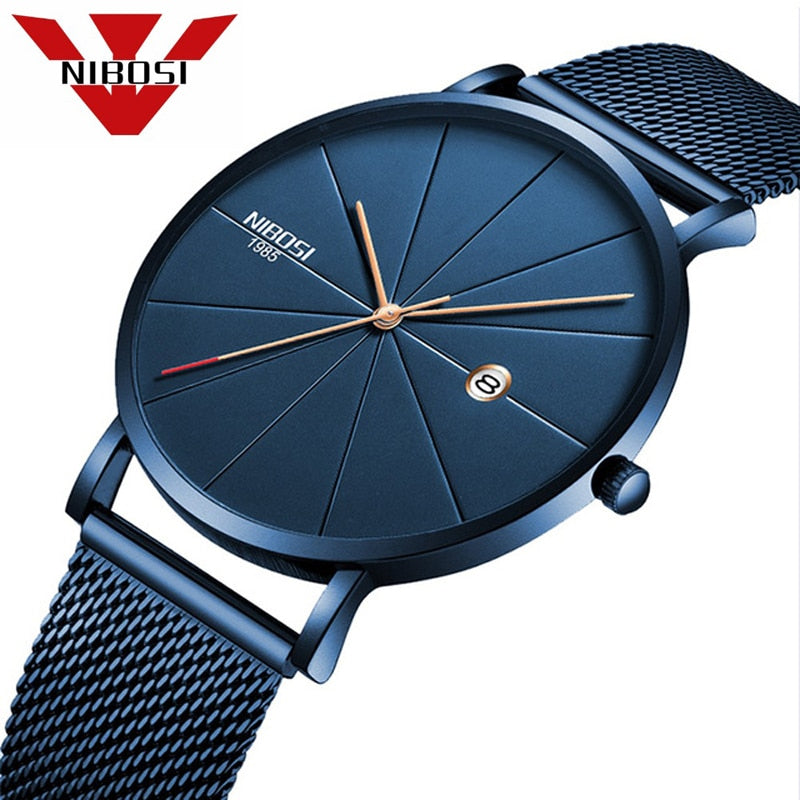 Men Blue Stainless Steel Ultra Thin Watches for Me. Classic Quartz Watch. Luxury Date Men's Wrist Watch