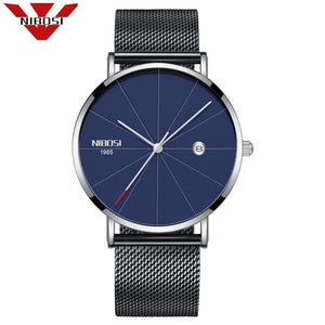 Men Blue Stainless Steel Ultra Thin Watches for Me. Classic Quartz Watch. Luxury Date Men's Wrist Watch