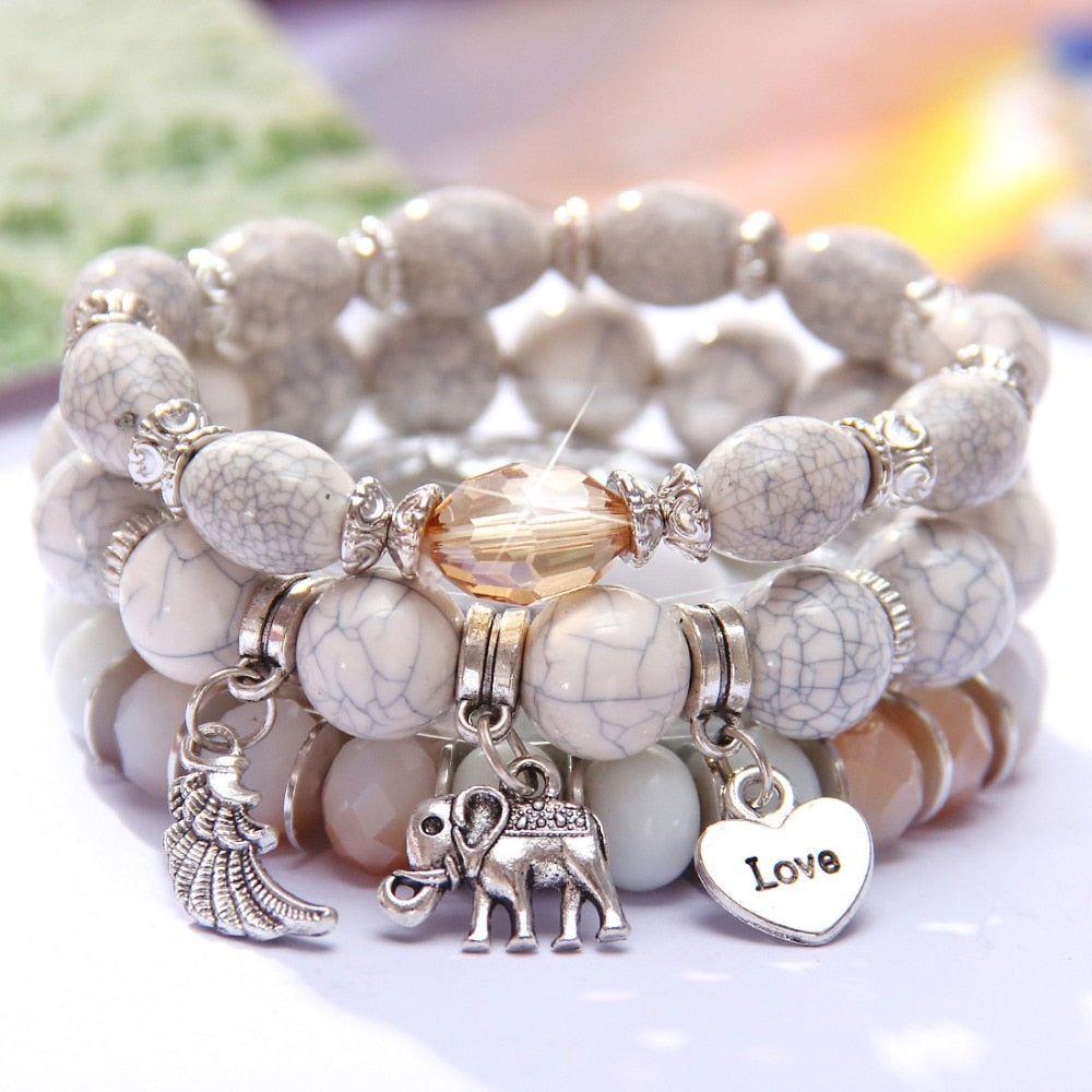 New Design 3 Layers Beaded Charms Bracelet Silver Elephant Pendant Chain Bracelet Wedding Jewelry Retro Female Bracelet