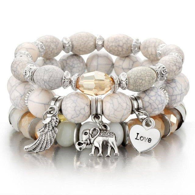 New Design 3 Layers Beaded Charms Bracelet Silver Elephant Pendant Chain Bracelet Wedding Jewelry Retro Female Bracelet