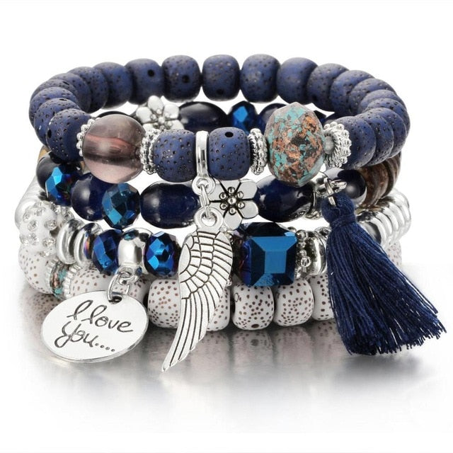 New Design 3 Layers Beaded Charms Bracelet Silver Elephant Pendant Chain Bracelet Wedding Jewelry Retro Female Bracelet