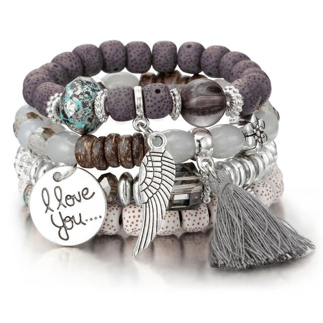 New Design 3 Layers Beaded Charms Bracelet Silver Elephant Pendant Chain Bracelet Wedding Jewelry Retro Female Bracelet