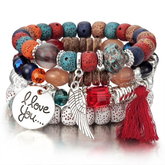 New Design 3 Layers Beaded Charms Bracelet Silver Elephant Pendant Chain Bracelet Wedding Jewelry Retro Female Bracelet