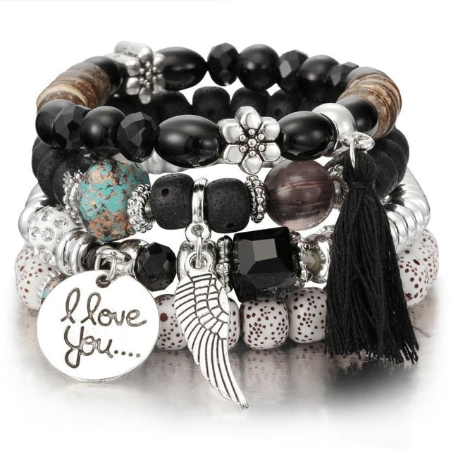New Design 3 Layers Beaded Charms Bracelet Silver Elephant Pendant Chain Bracelet Wedding Jewelry Retro Female Bracelet