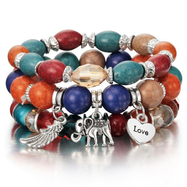 New Design 3 Layers Beaded Charms Bracelet Silver Elephant Pendant Chain Bracelet Wedding Jewelry Retro Female Bracelet