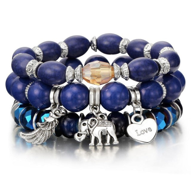 New Design 3 Layers Beaded Charms Bracelet Silver Elephant Pendant Chain Bracelet Wedding Jewelry Retro Female Bracelet