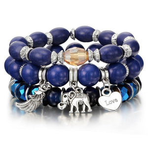 New Design 3 Layers Beaded Charms Bracelet Silver Elephant Pendant Chain Bracelet Wedding Jewelry Retro Female Bracelet