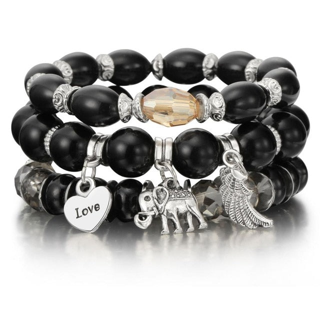 New Design 3 Layers Beaded Charms Bracelet Silver Elephant Pendant Chain Bracelet Wedding Jewelry Retro Female Bracelet