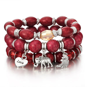New Design 3 Layers Beaded Charms Bracelet Silver Elephant Pendant Chain Bracelet Wedding Jewelry Retro Female Bracelet