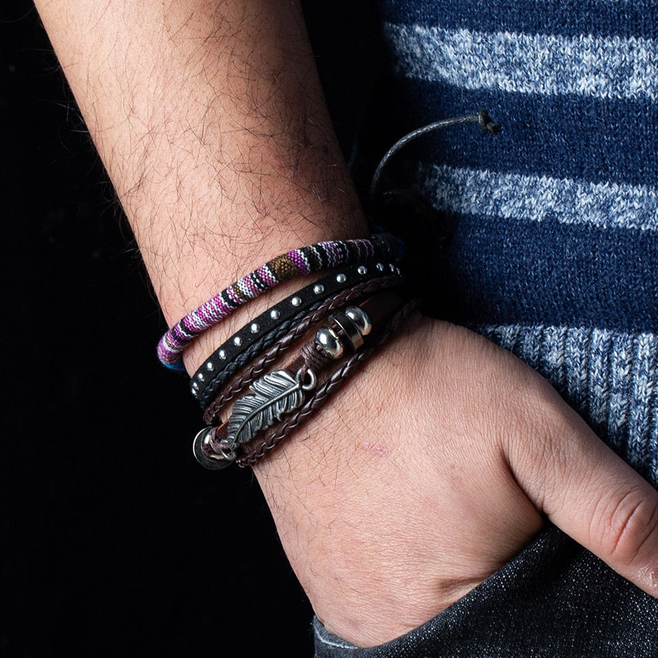 12 Style Metal Leather Bracelets Men Jewelry Vintage Classic Retro Plant Charm Bracelet Bangles Homme Male Jewellry 20.5CM