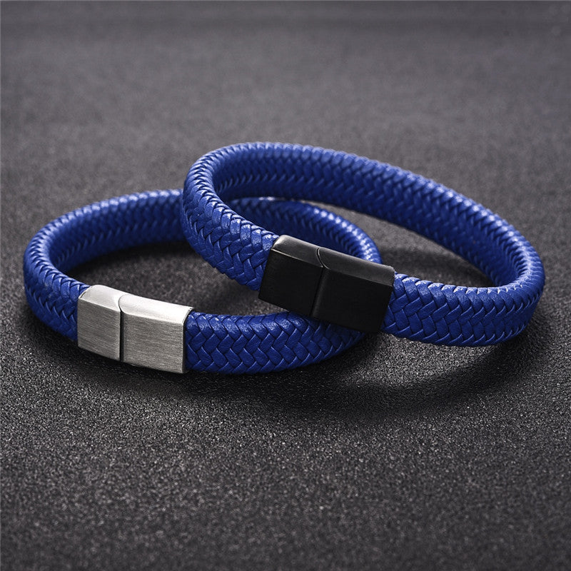 Jiayiqi 2019 Chic Braided Men Bracelet White Leather Bracelet Titanium Steel Clasp Male Jewelry Silver/Gold/Rose Gold Buckle