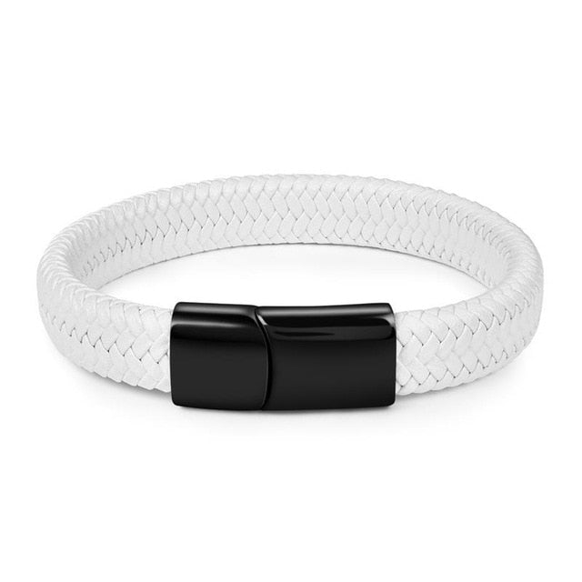 Jiayiqi 2019 Chic Braided Men Bracelet White Leather Bracelet Titanium Steel Clasp Male Jewelry Silver/Gold/Rose Gold Buckle