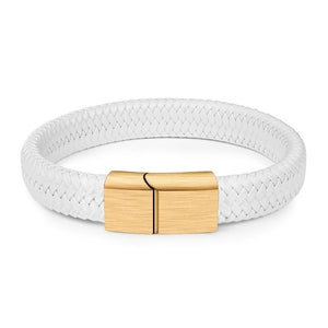 Jiayiqi 2019 Chic Braided Men Bracelet White Leather Bracelet Titanium Steel Clasp Male Jewelry Silver/Gold/Rose Gold Buckle