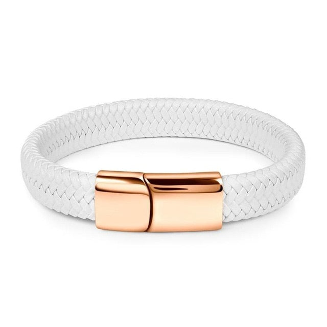 Jiayiqi 2019 Chic Braided Men Bracelet White Leather Bracelet Titanium Steel Clasp Male Jewelry Silver/Gold/Rose Gold Buckle