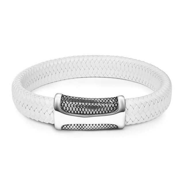 Jiayiqi 2019 Chic Braided Men Bracelet White Leather Bracelet Titanium Steel Clasp Male Jewelry Silver/Gold/Rose Gold Buckle