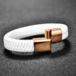 Jiayiqi 2019 Chic Braided Men Bracelet White Leather Bracelet Titanium Steel Clasp Male Jewelry Silver/Gold/Rose Gold Buckle