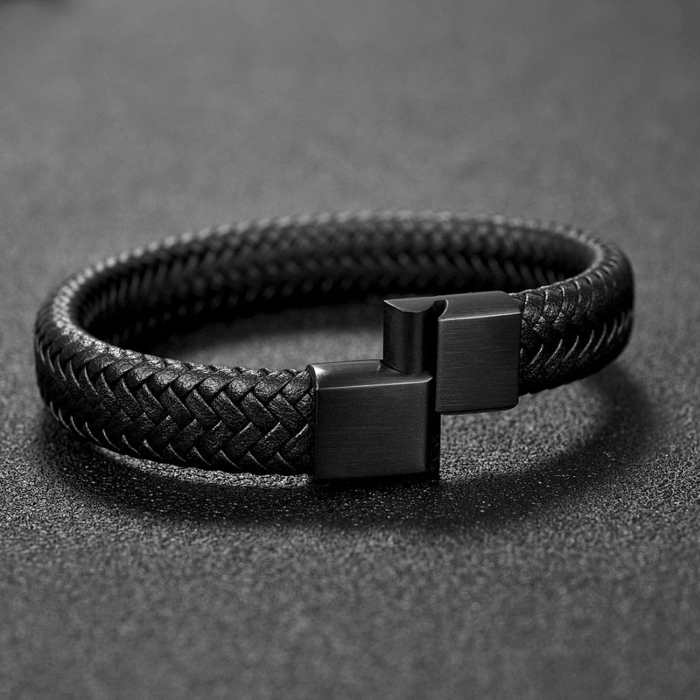 Men Jewelry Black/Brown Braided Leather Bracelet Stainless Steel Magnetic Clasp Fashion Bangles 18.5/22/20.5cm