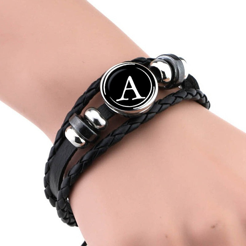 26 Letters Bracelet Personality Team Name Rope Bracelet Black Leather Bracelet Button Bangle Men Women Fashion Birthday Gifts