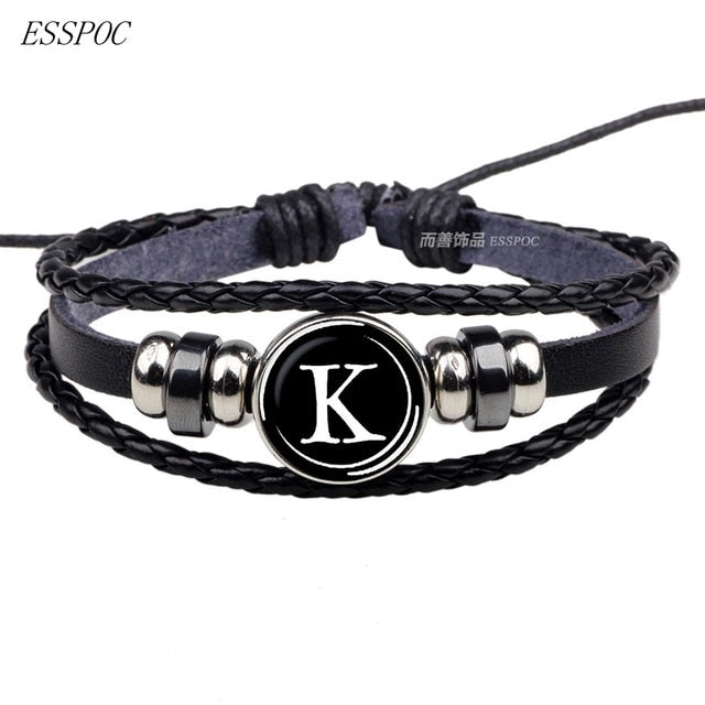 26 Letters Bracelet Personality Team Name Rope Bracelet Black Leather Bracelet Button Bangle Men Women Fashion Birthday Gifts