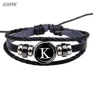 26 Letters Bracelet Personality Team Name Rope Bracelet Black Leather Bracelet Button Bangle Men Women Fashion Birthday Gifts