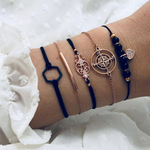 Bohemian Black Beads Chain Bracelets Bangles For Women Fashion Heart Compass Gold Color Chain Bracelets Sets Jewelry Gifts