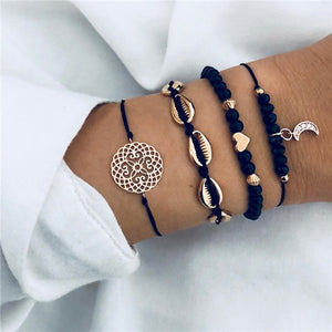 Bohemian Black Beads Chain Bracelets Bangles For Women Fashion Heart Compass Gold Color Chain Bracelets Sets Jewelry Gifts
