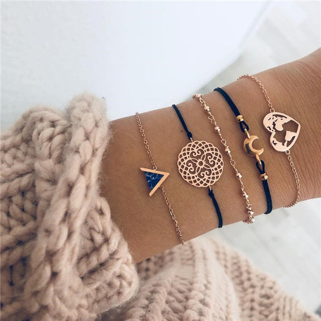 Bohemian Black Beads Chain Bracelets Bangles For Women Fashion Heart Compass Gold Color Chain Bracelets Sets Jewelry Gifts