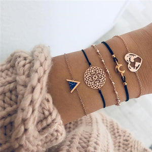 Bohemian Black Beads Chain Bracelets Bangles For Women Fashion Heart Compass Gold Color Chain Bracelets Sets Jewelry Gifts