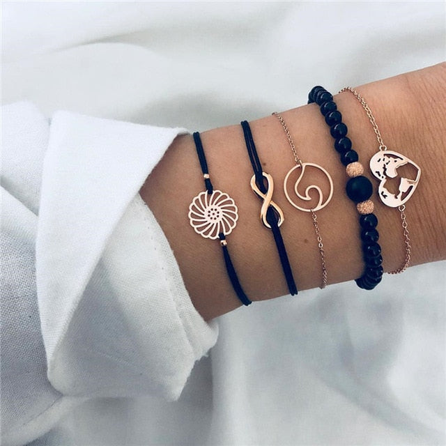 Bohemian Black Beads Chain Bracelets Bangles For Women Fashion Heart Compass Gold Color Chain Bracelets Sets Jewelry Gifts
