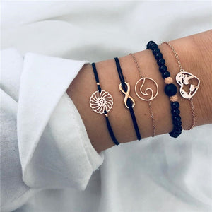 Bohemian Black Beads Chain Bracelets Bangles For Women Fashion Heart Compass Gold Color Chain Bracelets Sets Jewelry Gifts