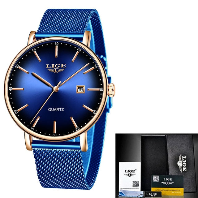 Fashion Men Watches Top Brand Luxury Blue Waterproof Watches, Ultra Thin Date Simple Casual Quartz Watch Men Sports Clock