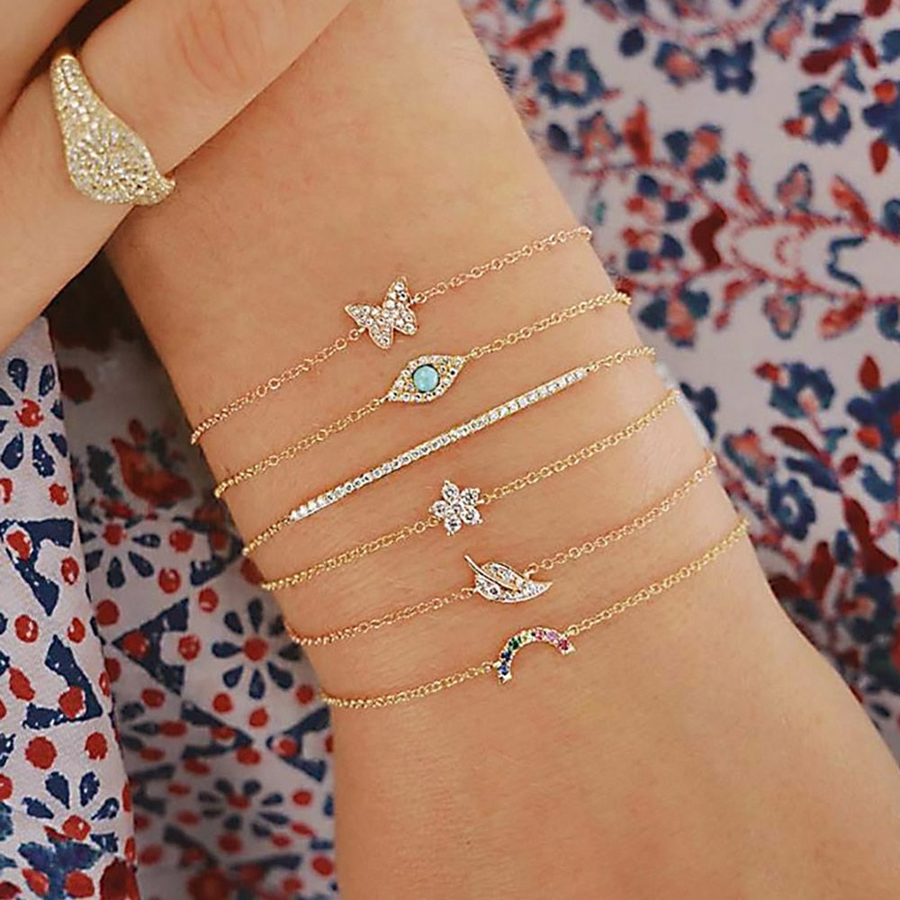 6 Pcs/Set Punk Butterfly Eye Star Moon Leaves Crystal Gem Shiny Gold Multilayer Chain Bracelet Set Women Exquisite Party Jewelry