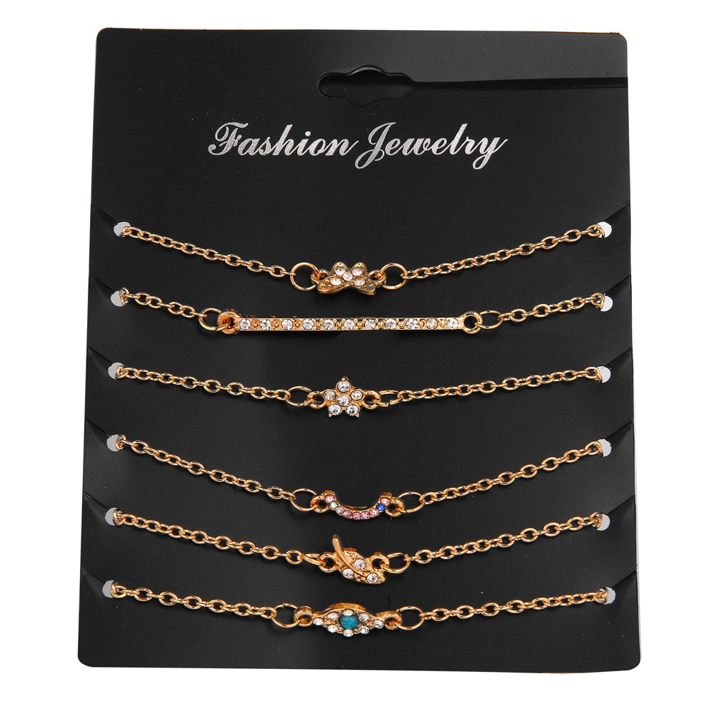 6 Pcs/Set Punk Butterfly Eye Star Moon Leaves Crystal Gem Shiny Gold Multilayer Chain Bracelet Set Women Exquisite Party Jewelry