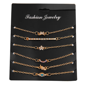 6 Pcs/Set Punk Butterfly Eye Star Moon Leaves Crystal Gem Shiny Gold Multilayer Chain Bracelet Set Women Exquisite Party Jewelry