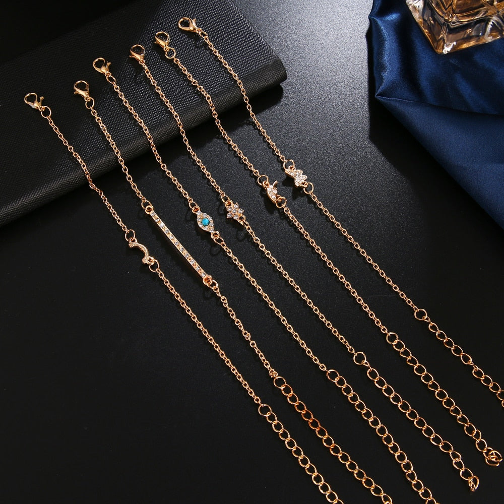 6 Pcs/Set Punk Butterfly Eye Star Moon Leaves Crystal Gem Shiny Gold Multilayer Chain Bracelet Set Women Exquisite Party Jewelry