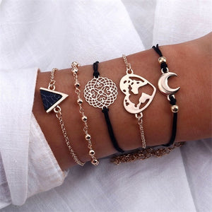 6 Pcs/Set Punk Butterfly Eye Star Moon Leaves Crystal Gem Shiny Gold Multilayer Chain Bracelet Set Women Exquisite Party Jewelry