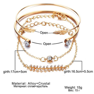 4 Pcs/set Women's Fashion Crystal Leaves Geometric Chain Gold Bracelet Set Bohemian KISS WIFE Vintage Jewelry Wholesale