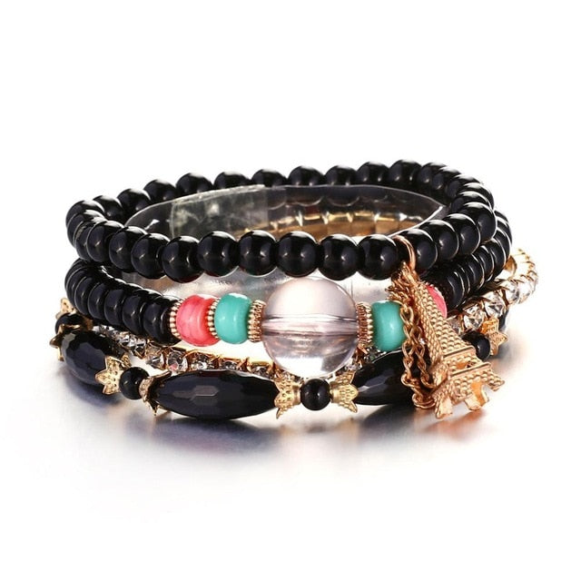 New Design 3 Layers Beaded Charms Bracelet Silver Elephant Pendant Chain Bracelet Wedding Jewelry Retro Female Bracelet