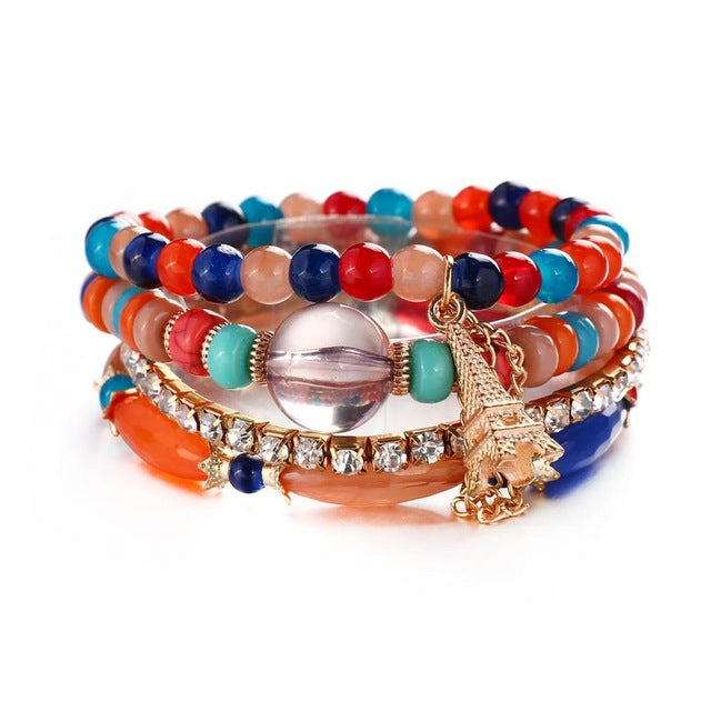 New Design 3 Layers Beaded Charms Bracelet Silver Elephant Pendant Chain Bracelet Wedding Jewelry Retro Female Bracelet
