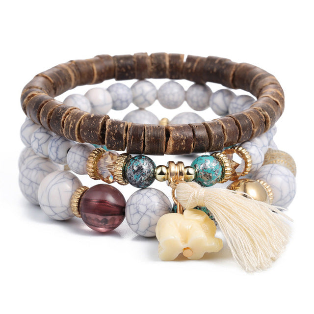 New Design 3 Layers Beaded Charms Bracelet Silver Elephant Pendant Chain Bracelet Wedding Jewelry Retro Female Bracelet