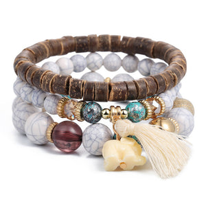 New Design 3 Layers Beaded Charms Bracelet Silver Elephant Pendant Chain Bracelet Wedding Jewelry Retro Female Bracelet