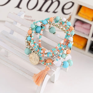 New Design 3 Layers Beaded Charms Bracelet Silver Elephant Pendant Chain Bracelet Wedding Jewelry Retro Female Bracelet