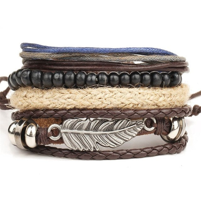 Vintage Leaf Feather Multilayer Leather Bracelet Men Fashion Braided Handmade Star Rope Wrap Bracelets & Bangles Male Gift