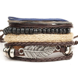 Vintage Leaf Feather Multilayer Leather Bracelet Men Fashion Braided Handmade Star Rope Wrap Bracelets & Bangles Male Gift